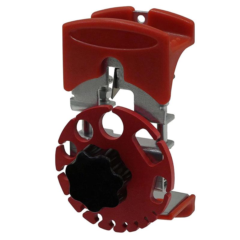 Red and black universal wire stripper tool, compact and handheld for quick electrical wire insulation removal