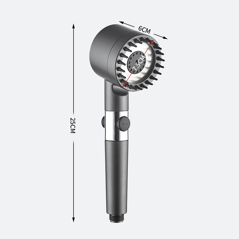 Installation view of the high-pressure shower head set in a bathroom, showing handheld in use