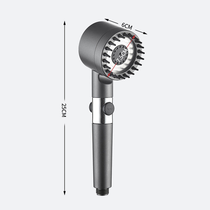 Installation view of the high-pressure shower head set in a bathroom, showing handheld in use