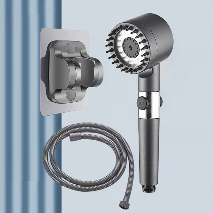 Side view of the high-pressure shower head and hose, showcasing flexibility and durable design