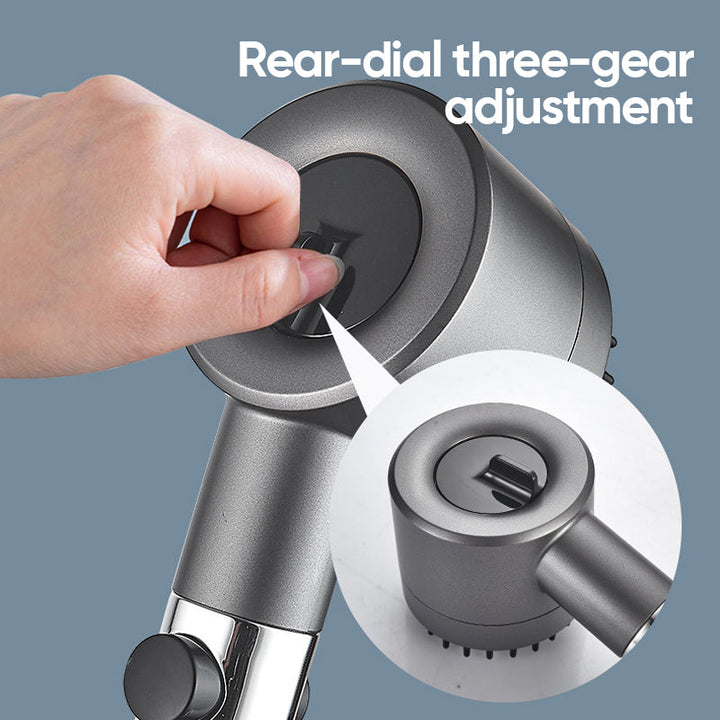 Detailed view of the universal high-pressure shower head, showing nozzle pattern & chrome finish