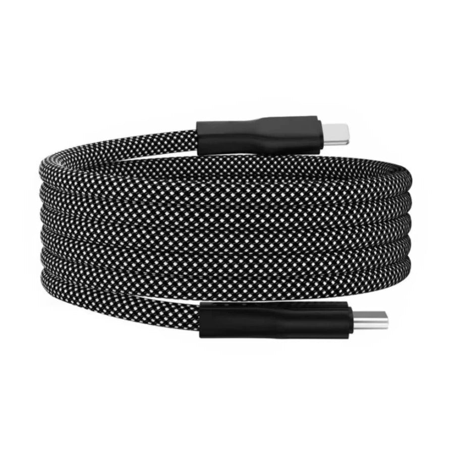 Universal fast charging magnetic cable with anti-tangle braided design. USB C & Lightning compatible.