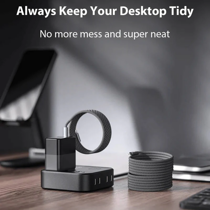 Portable universal magnetic anti-tangle fast charging cable. Ideal for phones, tablets. Durable.
