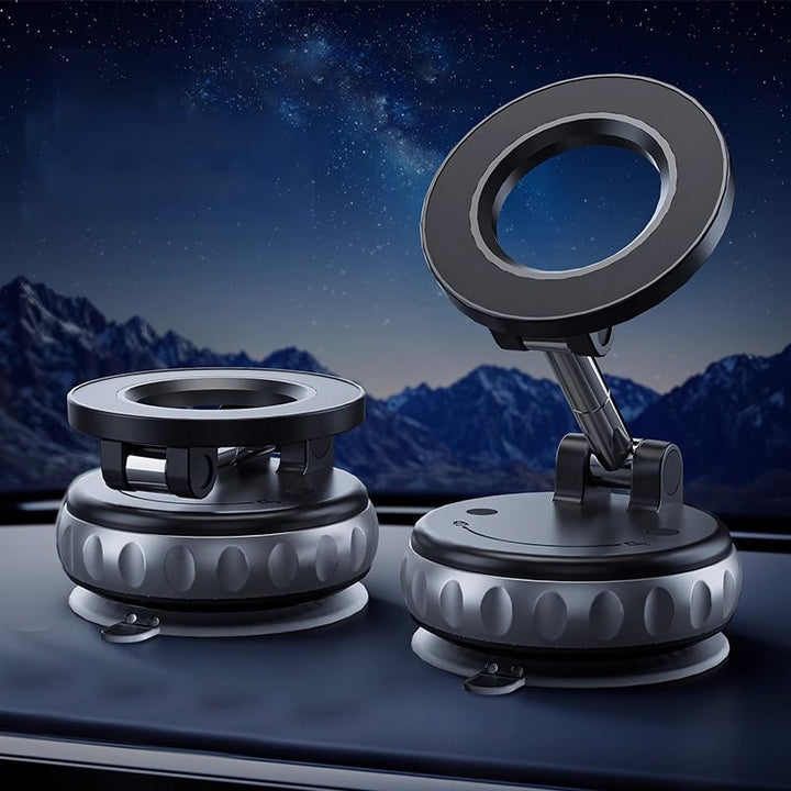 Close-up of magnetic car phone holder with strong suction cup base and mobile mount