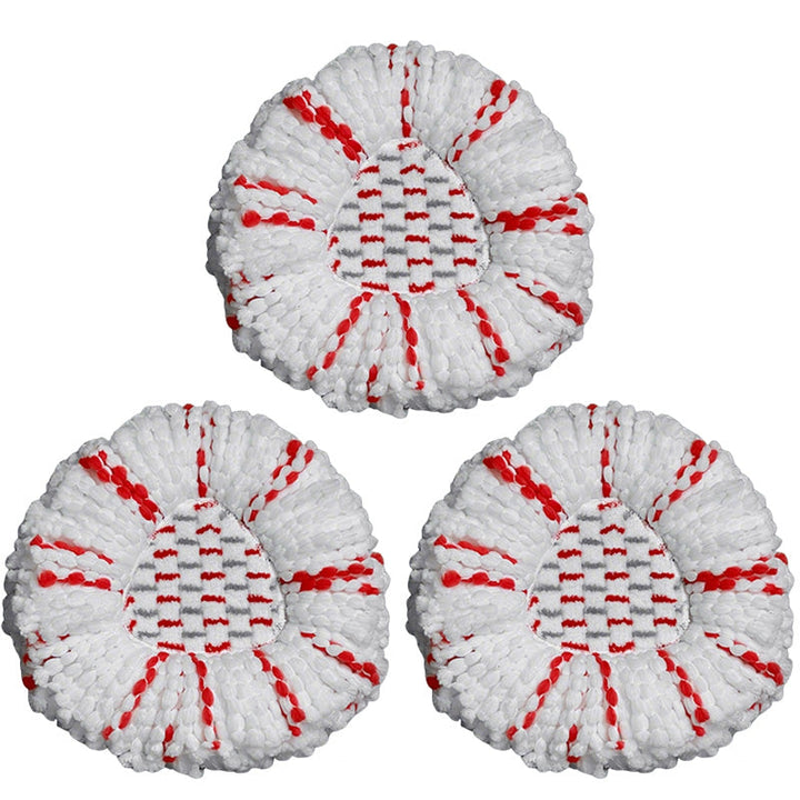 Hand holding a universal microfiber spin mop head, demonstrating easy attachment & use