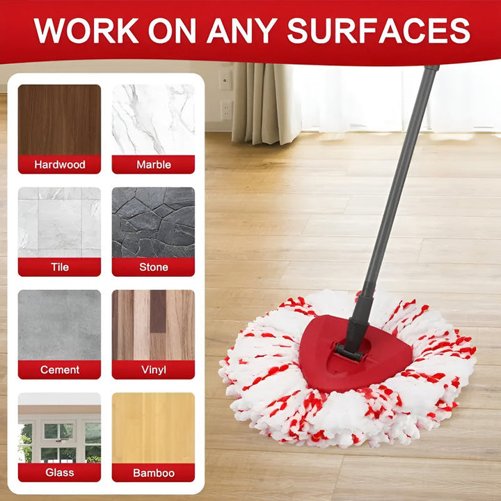 Close-up of fluffy white universal microfiber spin mop head, perfect for wet or dry cleaning