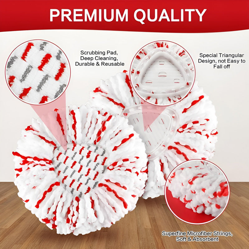 Two universal microfiber spin mop head replacements, showing texture & attachment mechanism