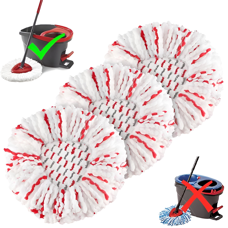 White universal microfiber spin mop head replacement in packaging, ready for home cleaning