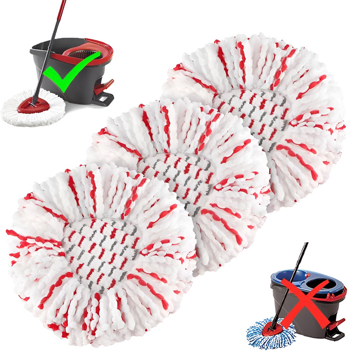 White universal microfiber spin mop head replacement in packaging, ready for home cleaning