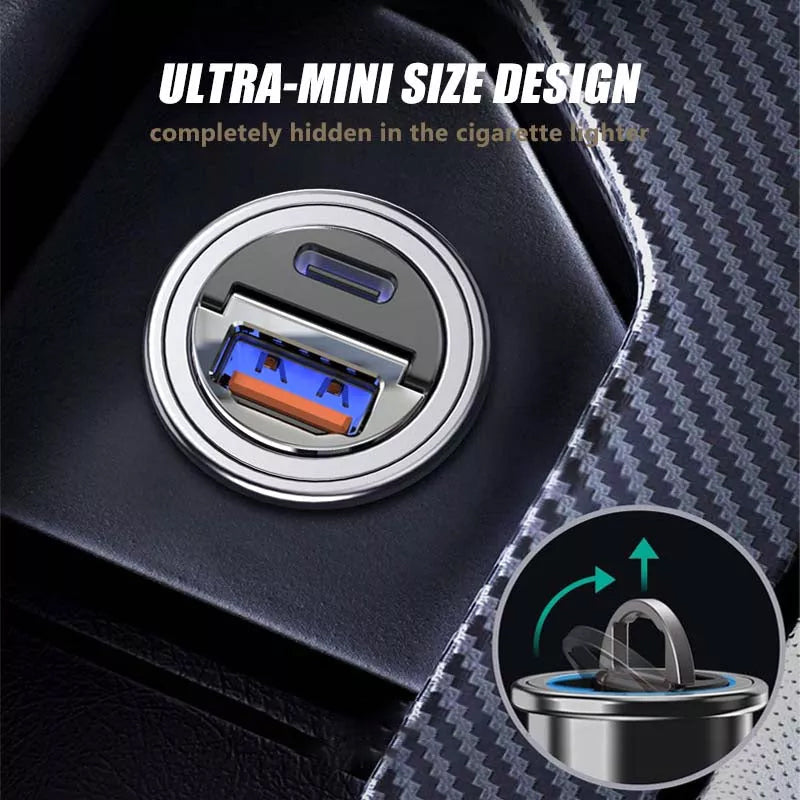 Flush fit car charger with dual USB ports for efficient power delivery to mobile devices
