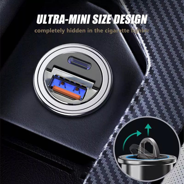Flush fit car charger with dual USB ports for efficient power delivery to mobile devices