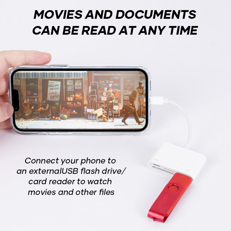 Hand holding a universal mobile memory card reader, demonstrating its small size and portability for tech users