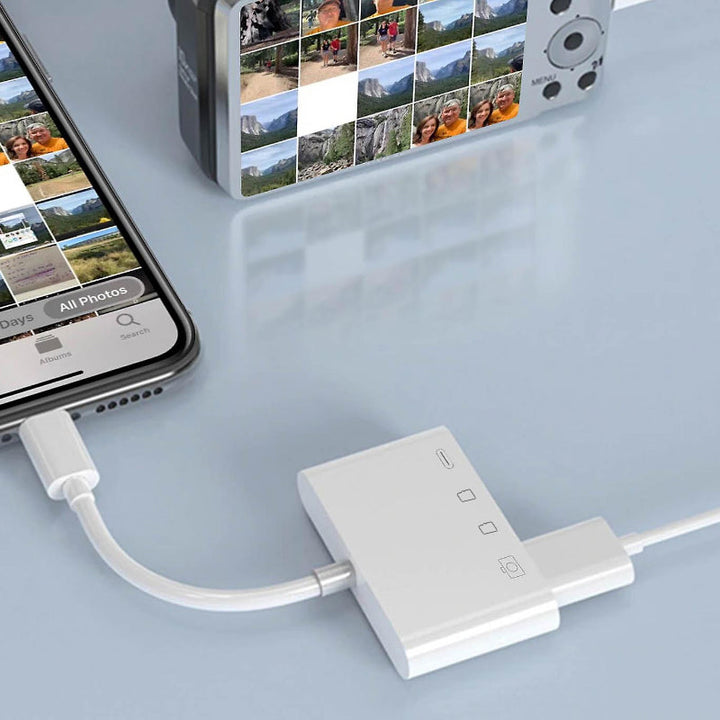 Side view of a tech gadget universal mobile memory card reader, highlighting its slim design and robust build