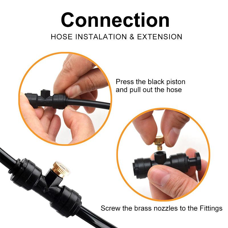 Close-up of misting nozzle on outdoor patio cooling system, easy install tool