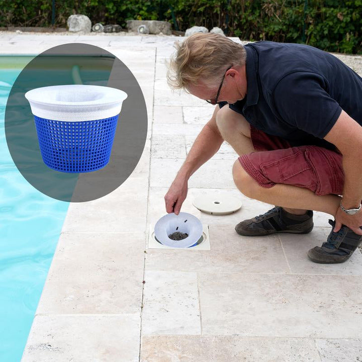 Hand holding a universal pool skimmer sock, demonstrating its stretch and easy installation