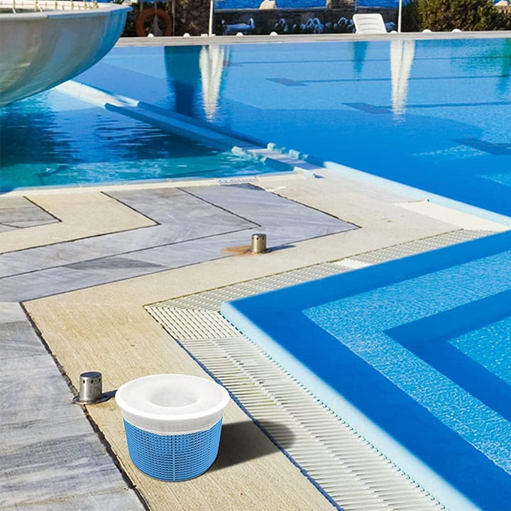 Universal pool skimmer sock filtering leaves and small debris from a pool skimmer basket