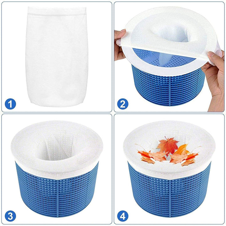 Collection of universal pool skimmer socks, showing their elasticity and durable nylon filter material
