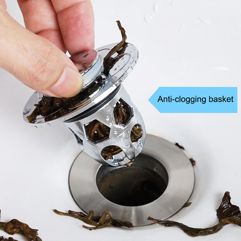 Kitchen sink with a Universal Pop-Up Sink Drain Stopper, acting as a drain filter for food particles