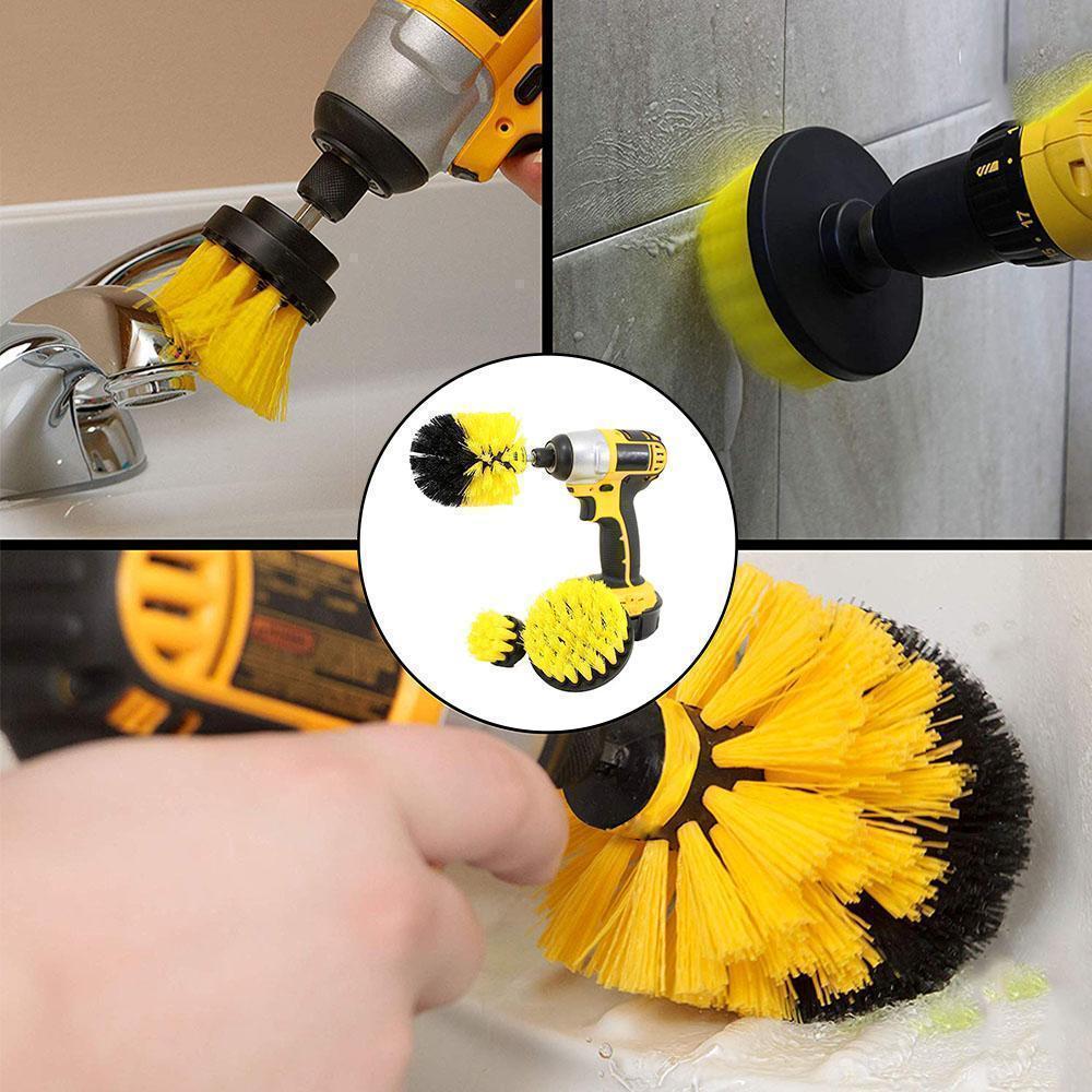 The complete Universal Power Scrubber Brush Kit, showcasing its use as a drill attachment for effortless cleaning.