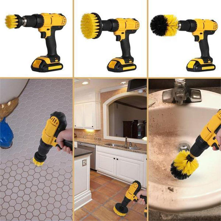Person using a power scrubber drill brush to clean a sink, highlighting its effectiveness for kitchen cleaning.
