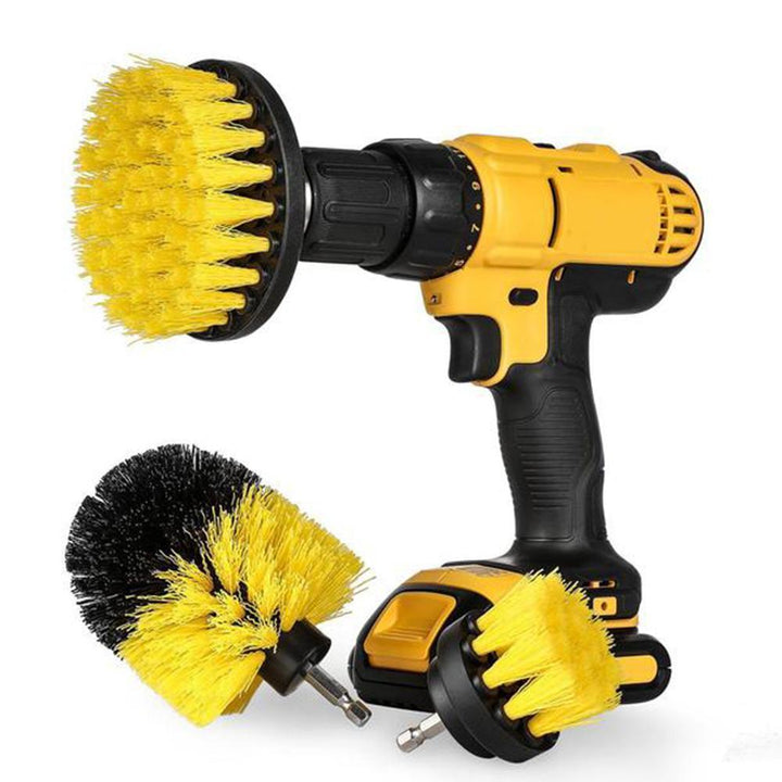 Power scrubber kit brushes neatly arranged, highlighting bristles for effective kitchen and bathroom cleaning.