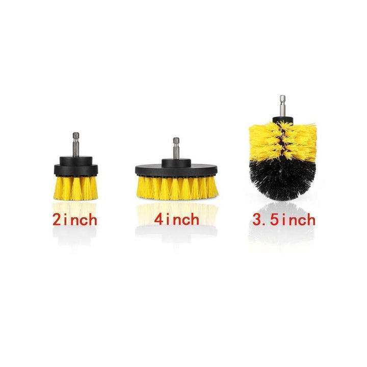 Universal Power Scrubber Brush Kit for home, showing different sizes of brushes for versatile cleaning tasks.