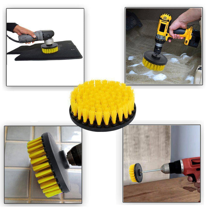 Power scrubber drill brush demonstrating grout cleaning on a tiled surface, showing before and after effect.