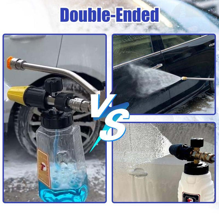 Versatile foam cannon for pressure washers, equipped with a sturdy dual connector adapter