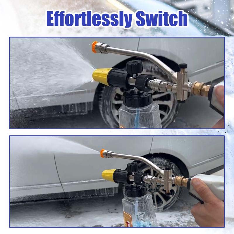 Close-up of pressure washer foam cannon dual connector adapter, essential car cleaning tool