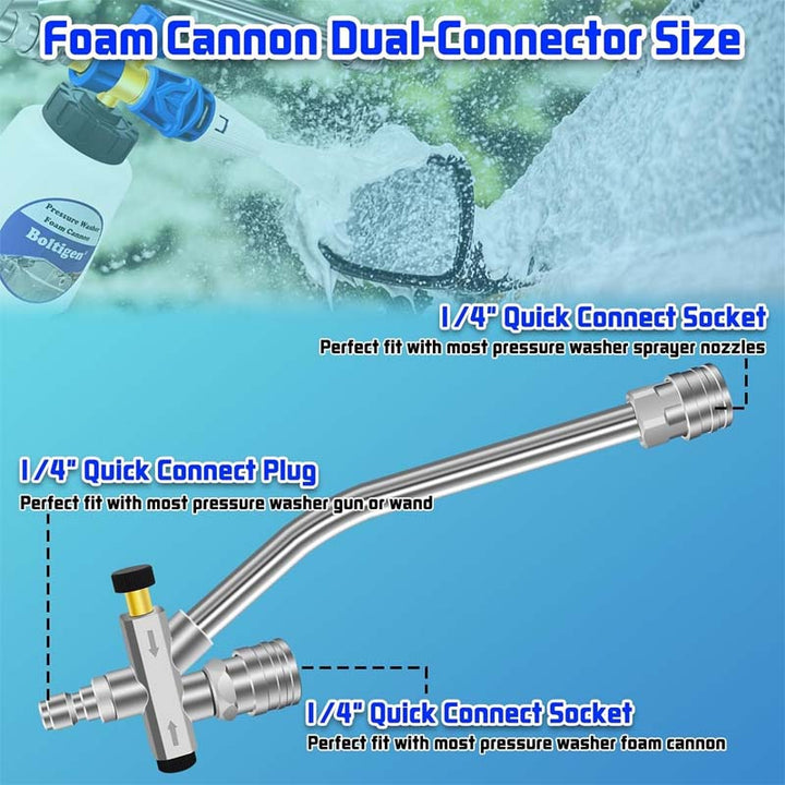 Professional-grade foam cannon with dual connector, enhancing your pressure washer's utility