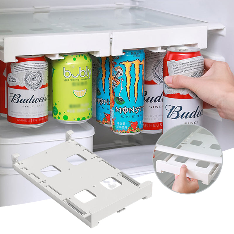 Clear adjustable can organizer for refrigerator, enhances space.