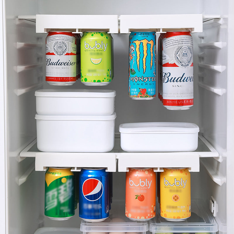 Refrigerator can organizer for soda & beverage cans, space-saving kitchen storage.