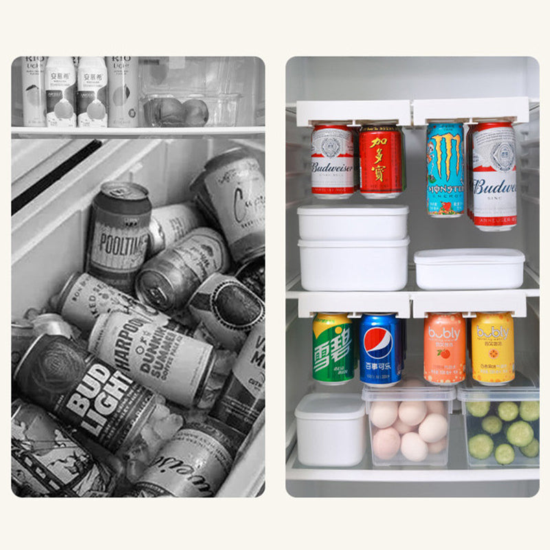 Space saver beverage rack for fridge, ideal for kitchen organization.