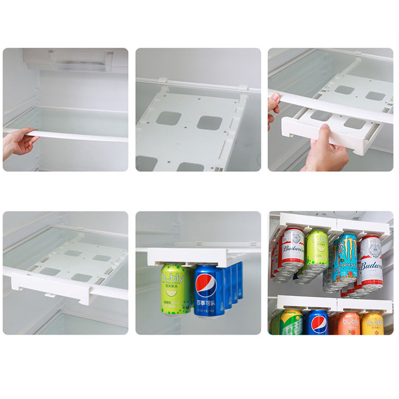 Home organization solution: Refrigerator can rack, keeps drinks accessible.