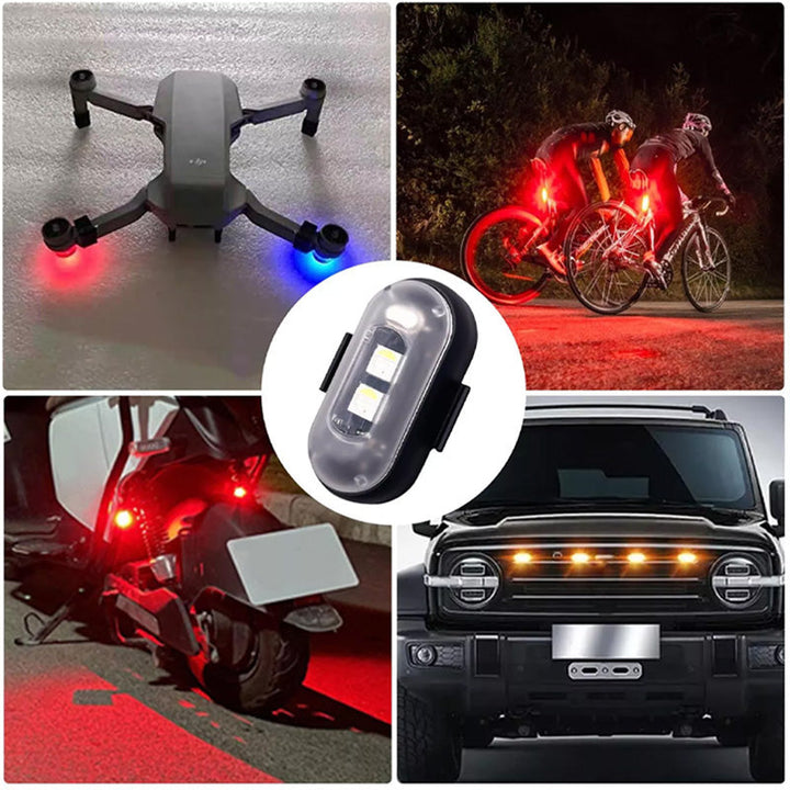 Compact LED strobe light with remote control, ideal for vehicle safety and drone visibility.