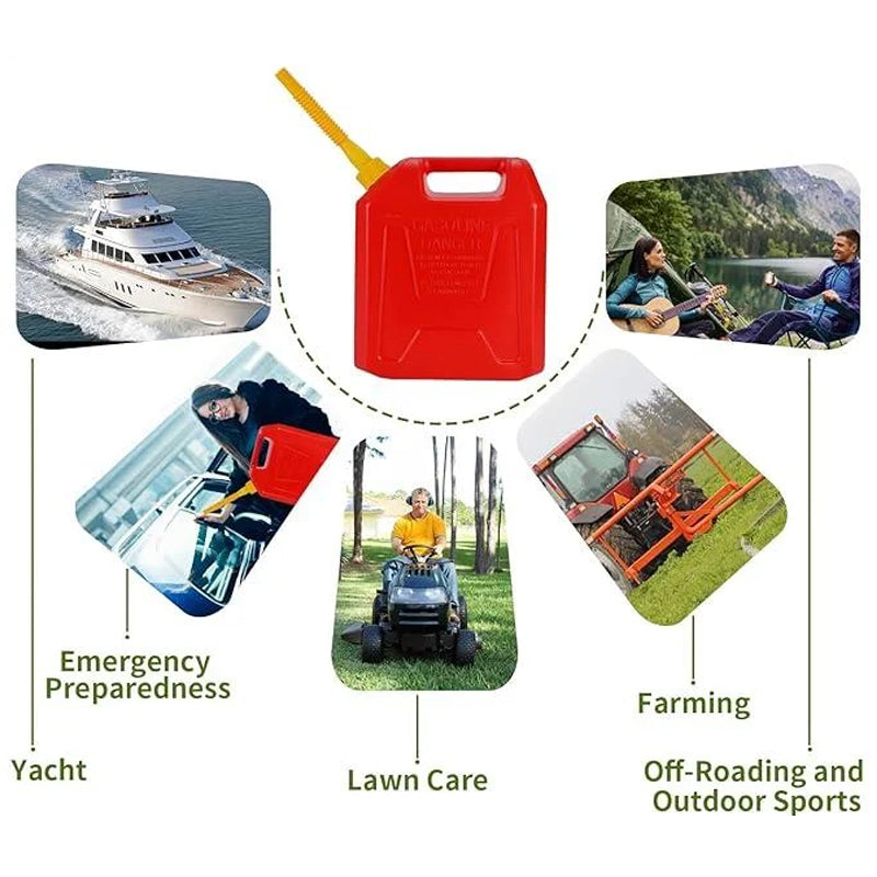 Automotive gas can spout, flexible nozzle, HDPE replacement for spill-free outdoor fueling.