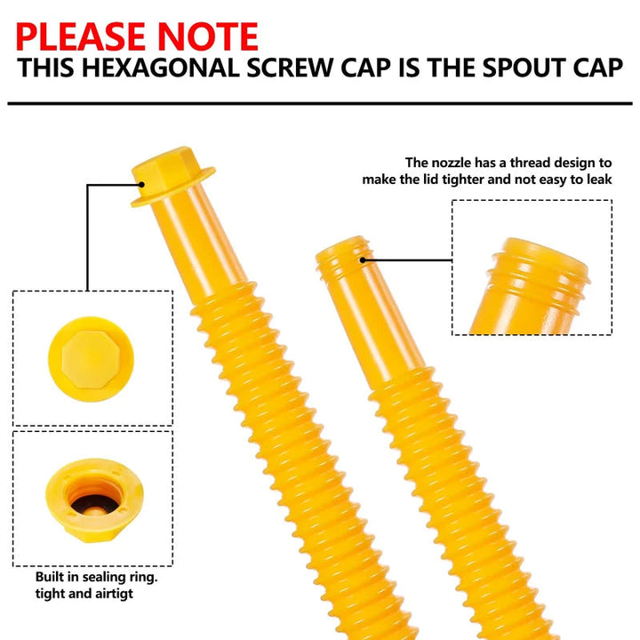 Flexible universal gas can spout for outdoor equipment, anti-spill design, easy replacement.