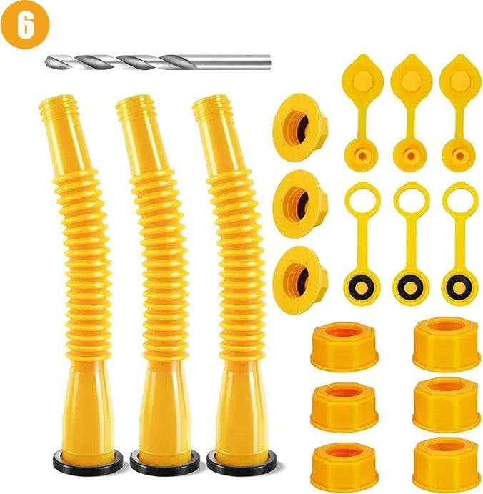 Automotive replacement gas can spout kit with flexible nozzle, anti-spill, and durable HDPE.