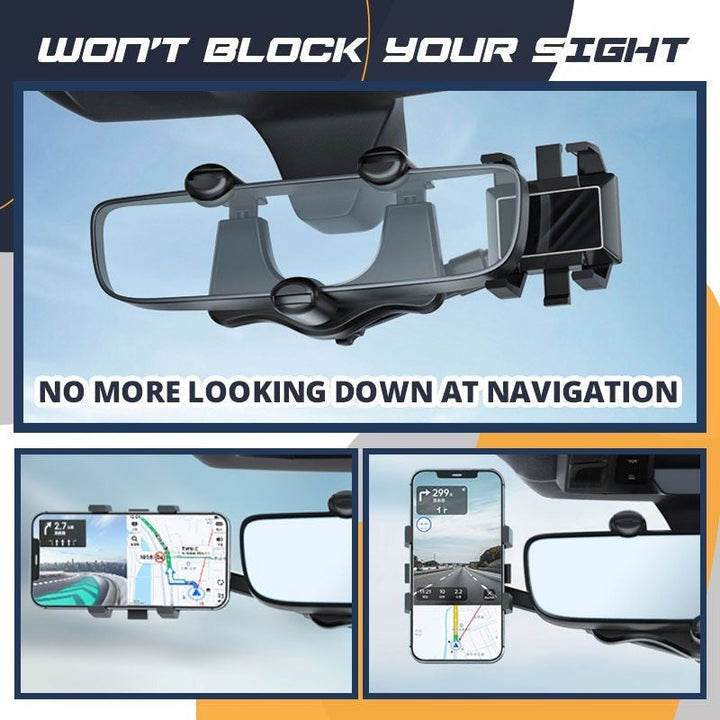 Universal retractable car phone holder for dashboard mount, black, securely grips smartphone in vehicle.
