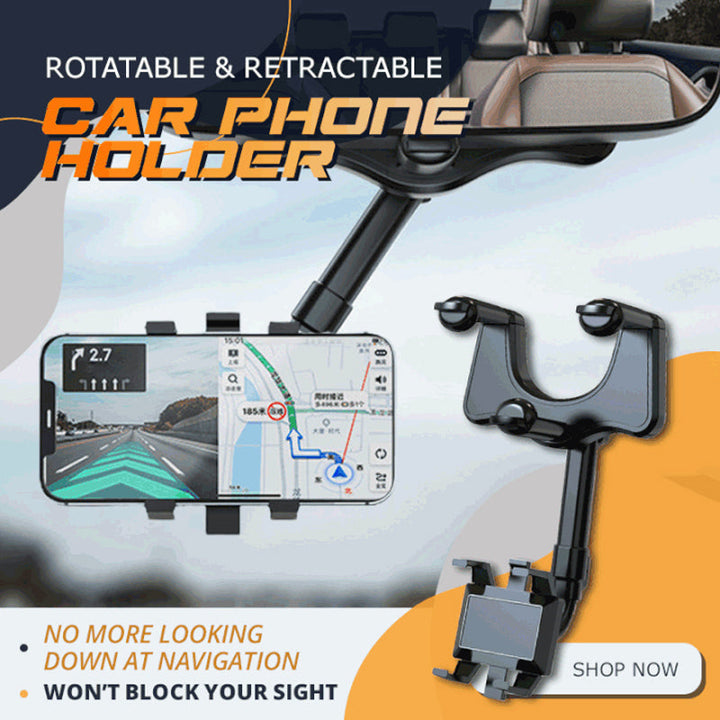 Retractable car phone holder with 360-degree rotatable arm, universal auto accessory for comfortable viewing.