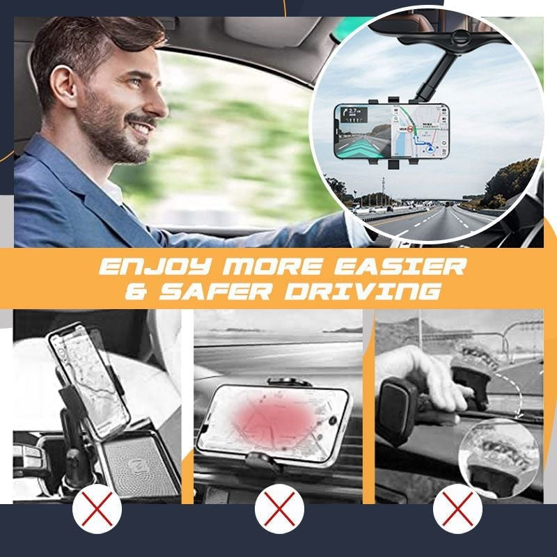 Rotatable universal retractable car phone mount, sleek black design, ensuring stable phone positioning on dashboard.