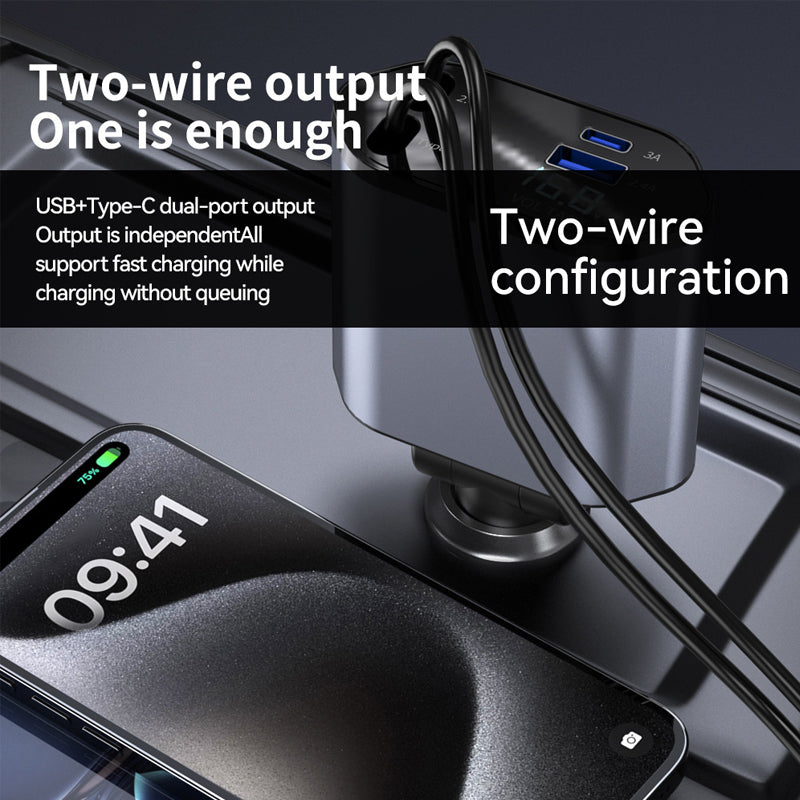 Universal Retractable Fast Car Charger with USB-C and Lightning cables, compact automotive accessory