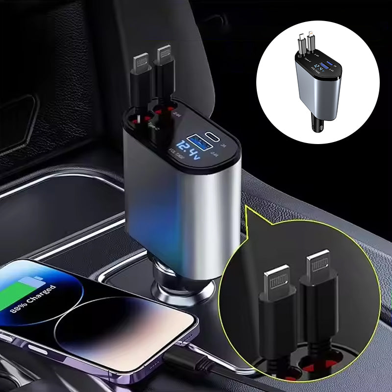User demonstrating the easy retraction of the cable on the fast car charger for tangle-free storage