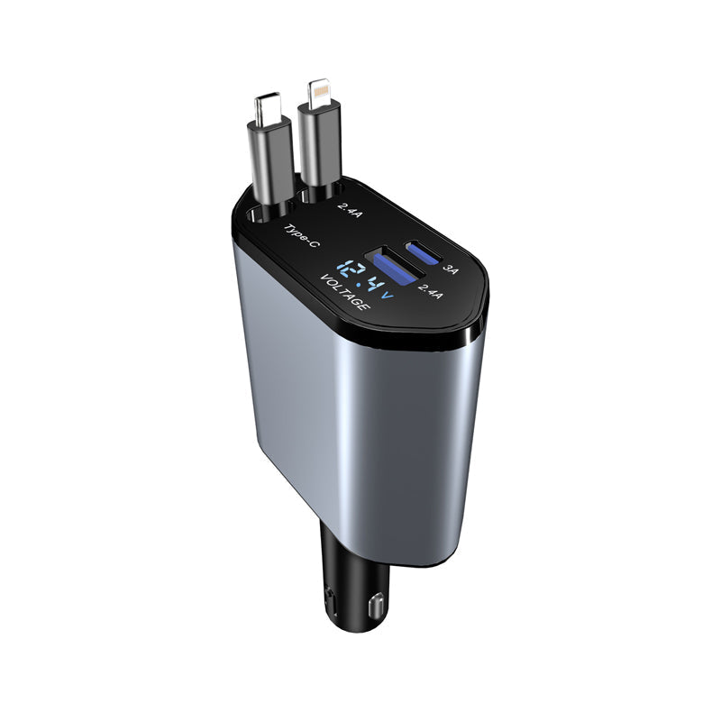Universal Retractable Fast Car Charger shown with illuminated LED indicator, signifying active charging