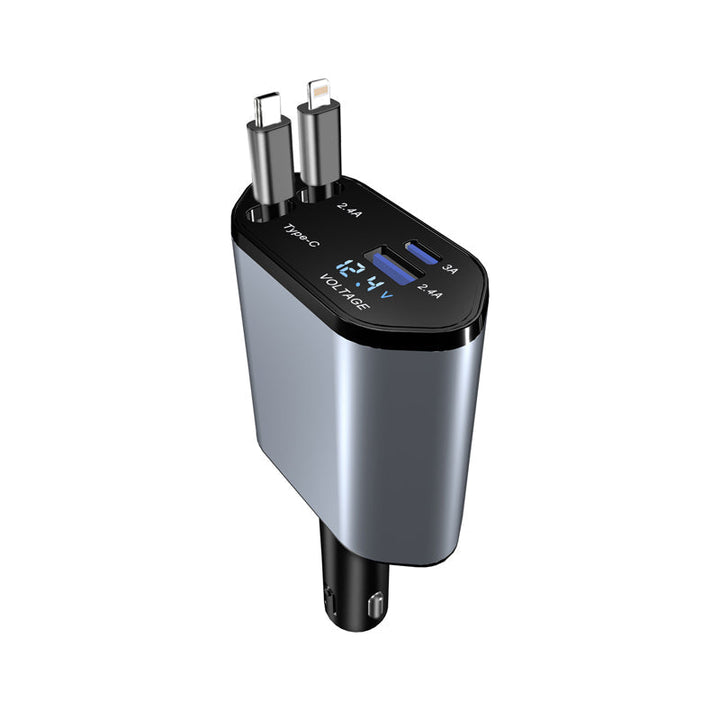 Universal Retractable Fast Car Charger shown with illuminated LED indicator, signifying active charging