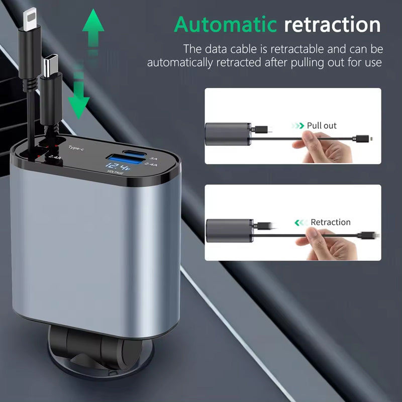 Close-up of retractable fast car charger extending USB-C cable for quick phone charging in vehicle