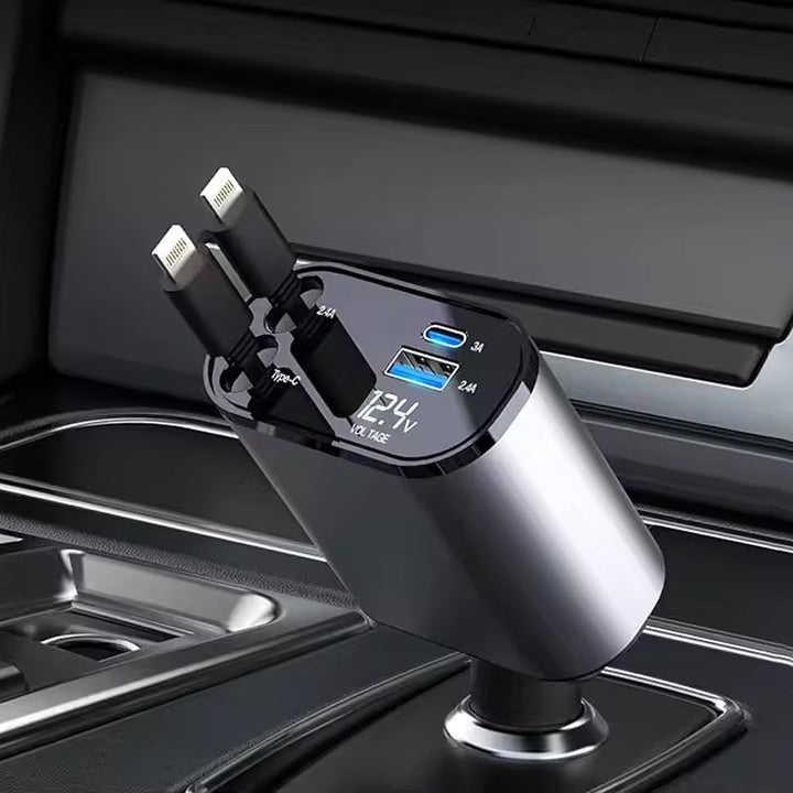 Car interior with Universal Retractable Fast Car Charger plugged into 12V outlet, charging a smartphone