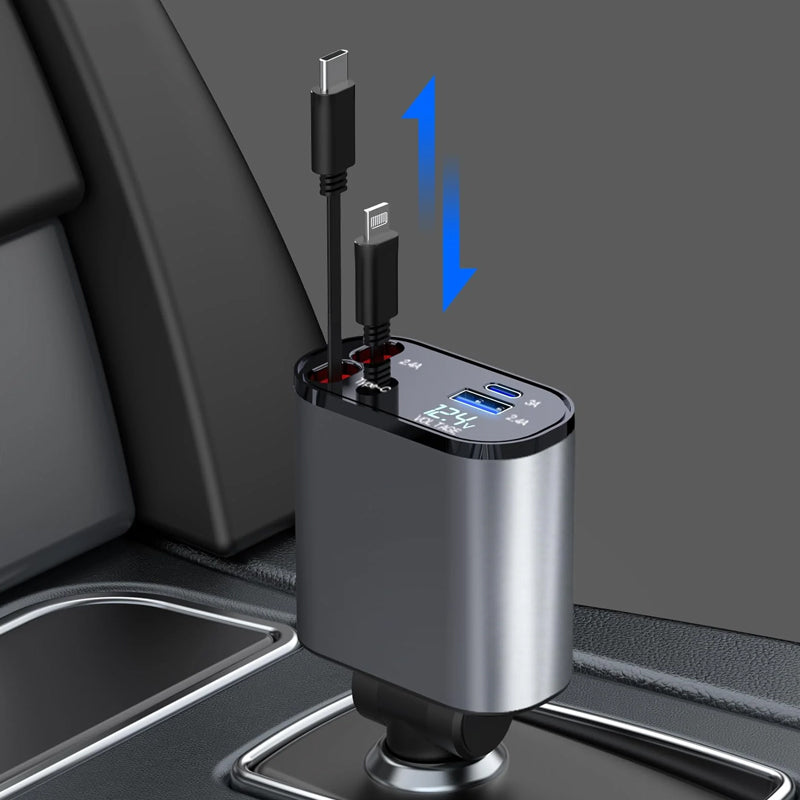 Detail view of the dual USB ports and retractable mechanism of a fast car charger