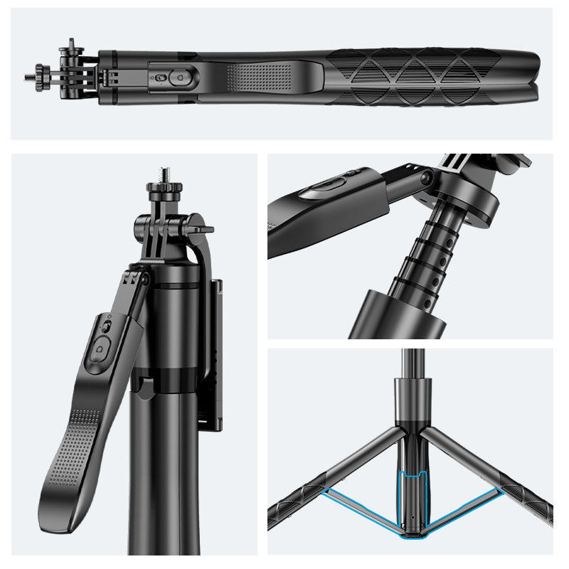 Portable selfie stick tripod for smartphones, includes a detachable Bluetooth remote