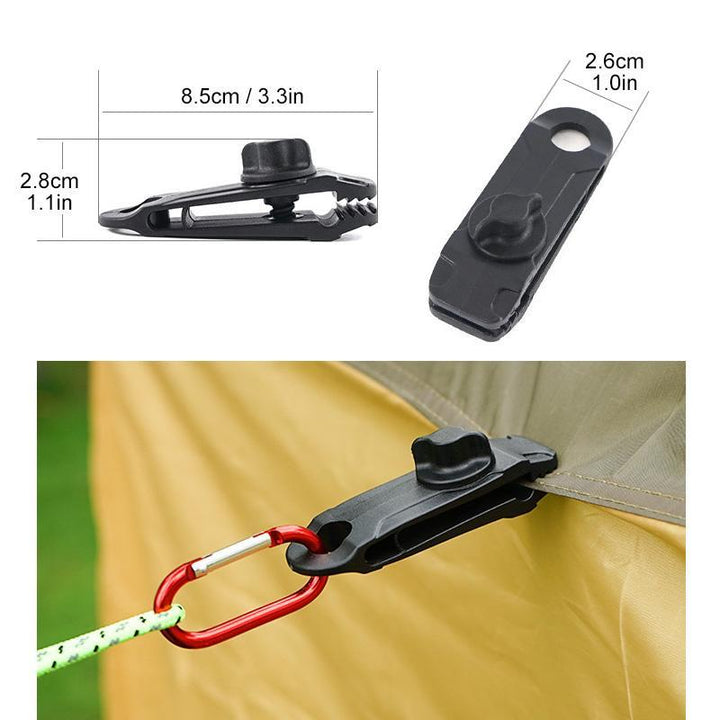 Universal reusable tarp clips in red & black, perfect for awnings & tents; essential camping gear.